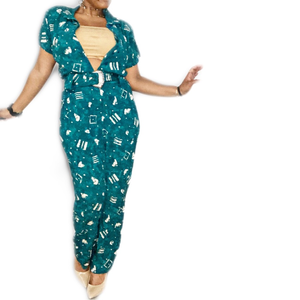 90’s Teal Retro Print Jumpsuit w/ Matching Belt Size 12